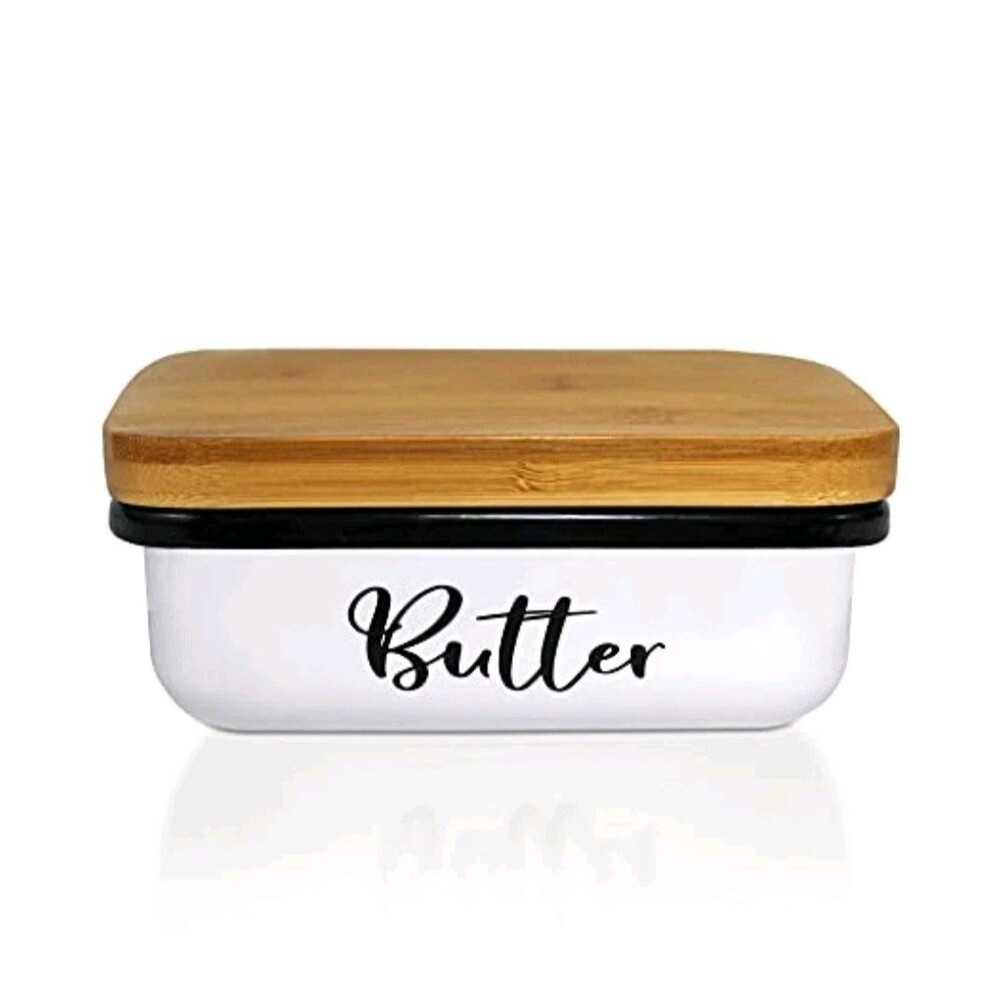 Home Acre Designs Butter Dish Bamboo Lid Stainless Steel Farmhouse Style NWOT